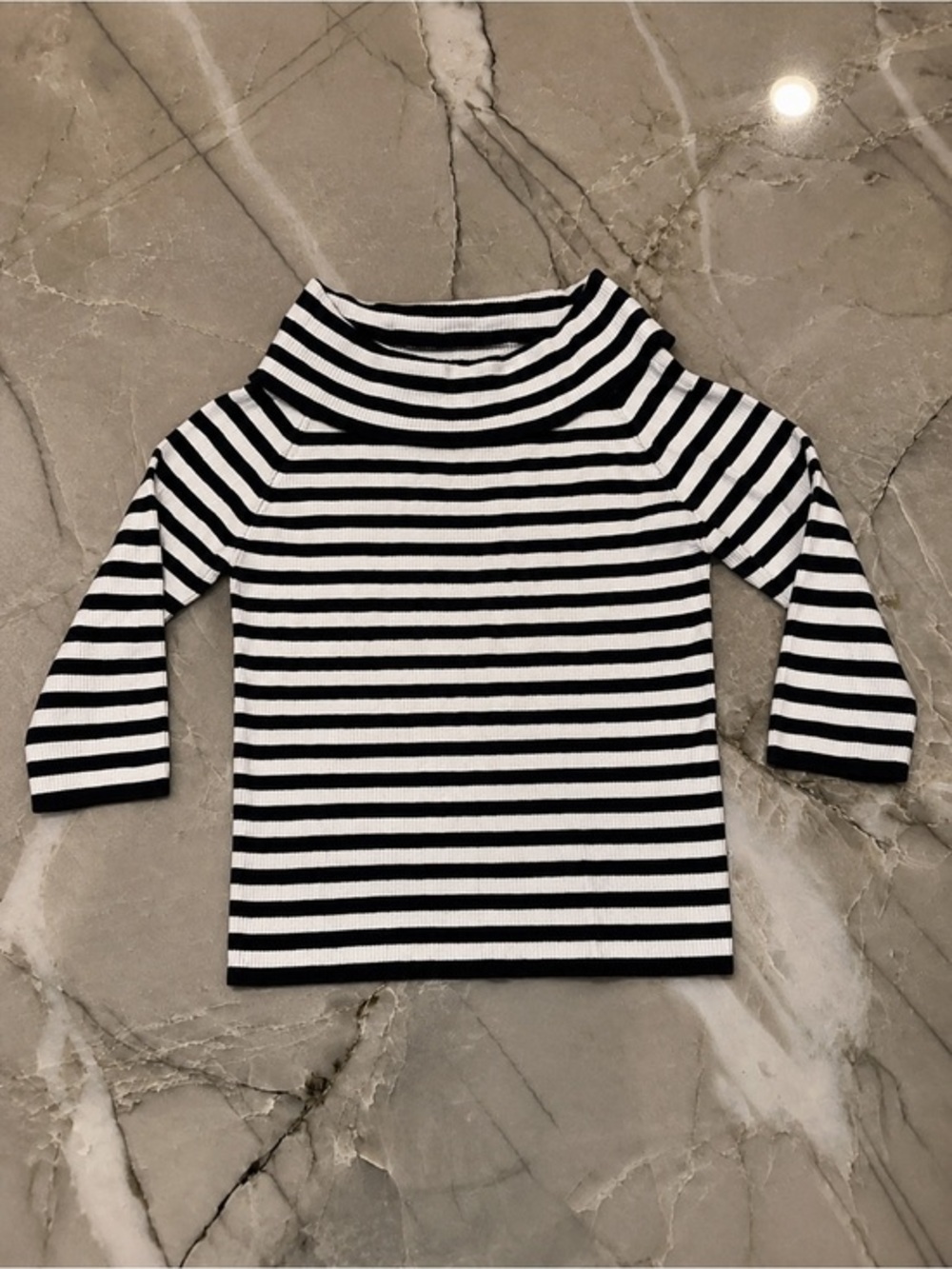 Striped Ribbed Sweater Cowl Neck Women’s Medium Black White 3/4 Sleeve Cozy